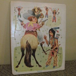 Vintage Playskool BOY COWBOY on HORSE & INDIANS Tray PUZZLE Golden Press 80-5D